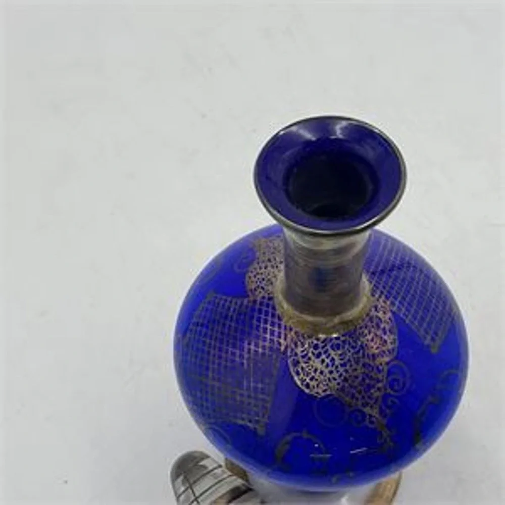 Vintage Cobalt Blue Glass Decanter Silver Overlay Venetian Gondola & Stopper
